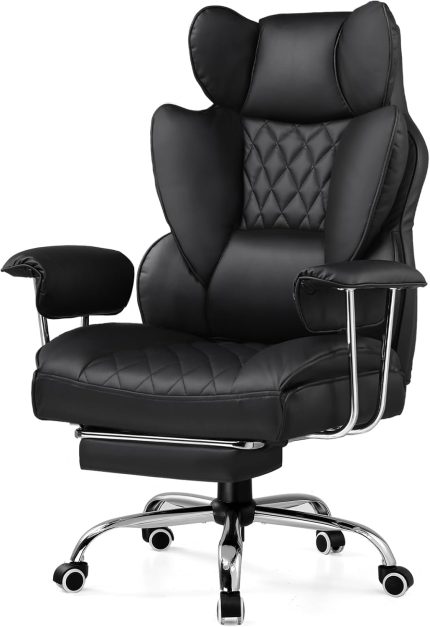 Gaming Chair,Office Chair with Pocket Spring Lumbar Support, Ergonomic Comfortable Wide Office Desk Computer Chair with Outward Fixed Soft Armrests and Footrest (PU Leather, Black)
