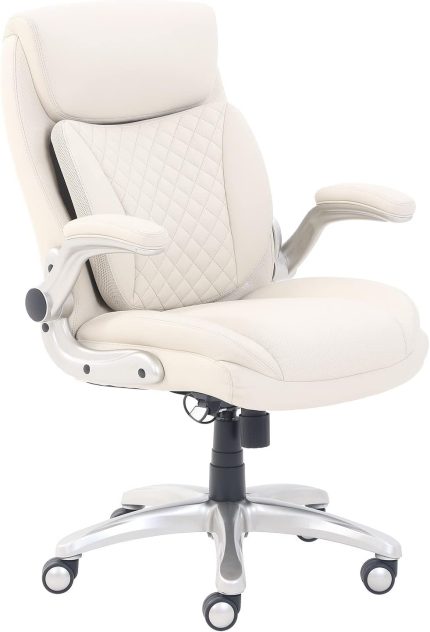 Ergonomic Executive Office Desk Chair with Flip-up Armrests and Adjustable Height, Tilt and Lumbar Support, Cream Bonded Leather, 29.5"D x 28"W x 43"H